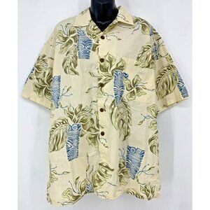 Hilo Hattie Men Hawaiian Original Shirt Sz Large Beige Palm Short Sleeve Aloha